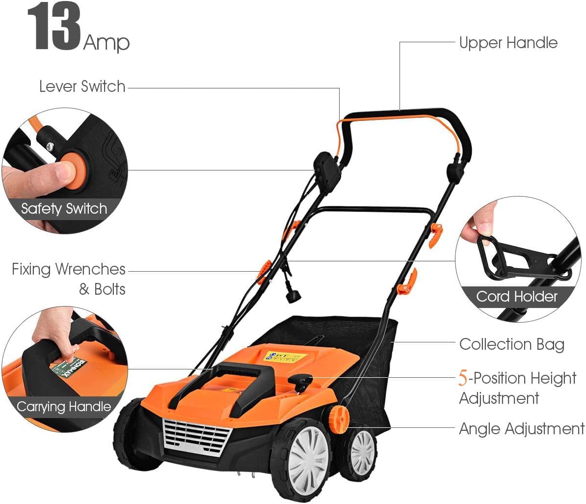 Goplus 2-in-1 Electric Corded Lawn Dethatcher with 5 Cutting Heights, 15-Inch 13 Amp Electric Scarifier w/ 13.5 Gallon Collection Bag, 2 Removable Blades for Garden Yard