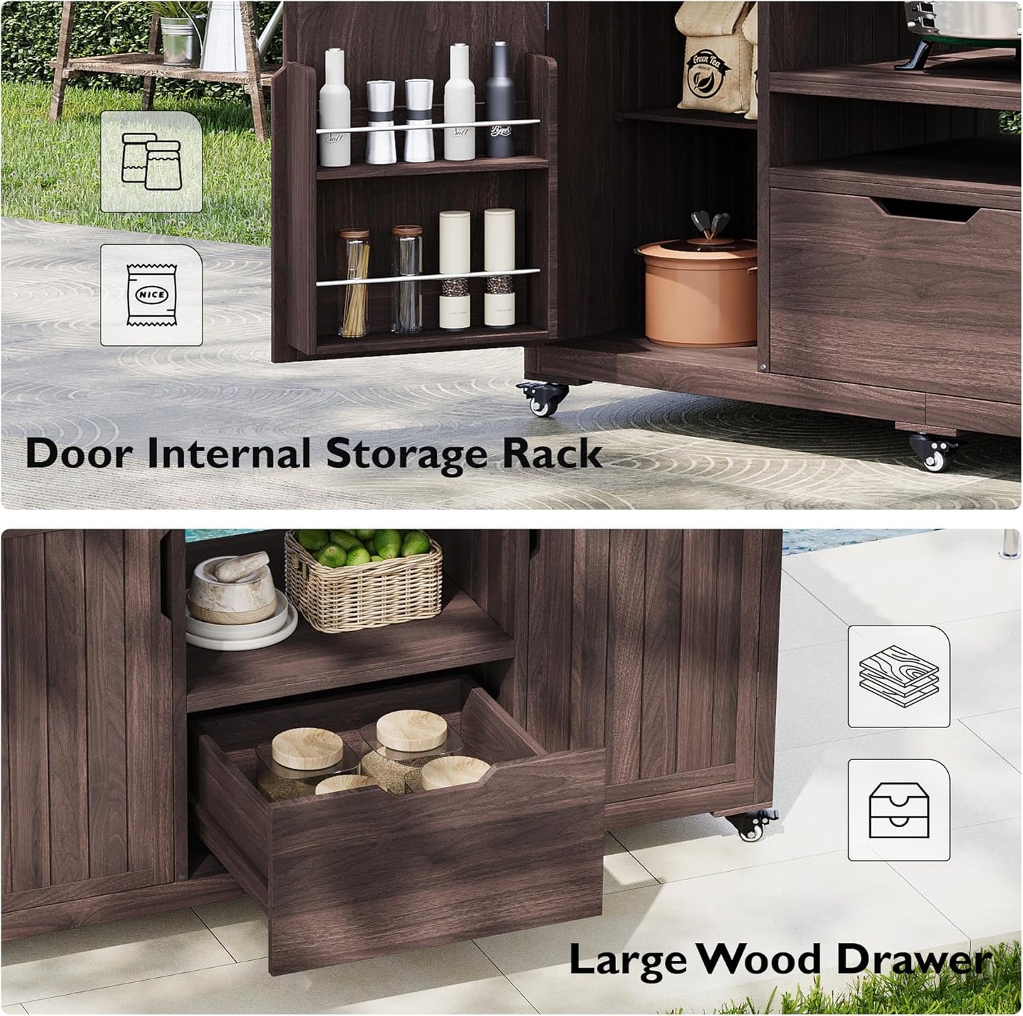 Merax 66.5" Outdoor Grill Table for Big Green Egg, Farmhouse Kitchen Island on Wheels with Stainless Steel Tabletop, Drawer and Spice Rack, Solid Wood Outdoor Storage Cabinet for Backyard, Dark Brown