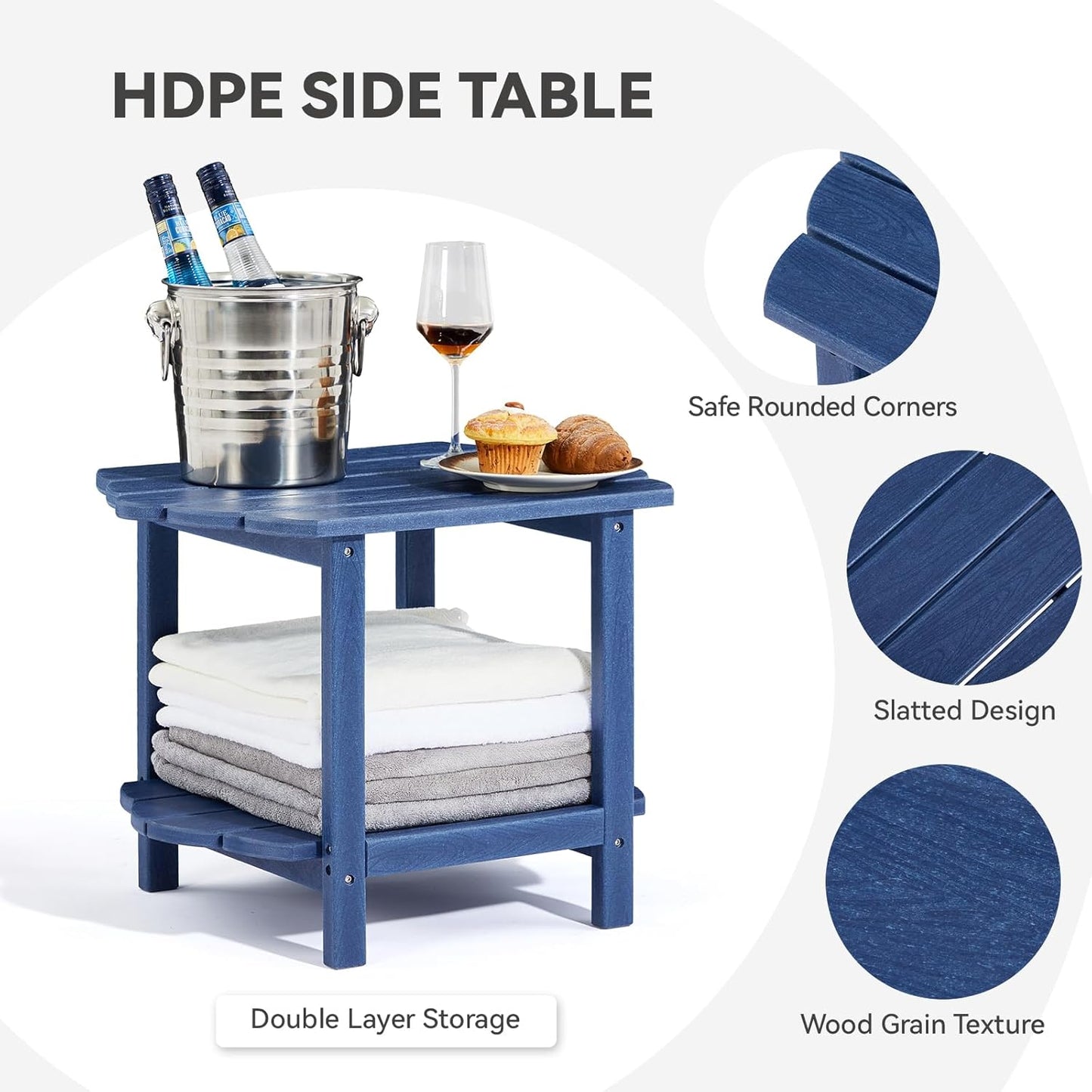 Small Outdoor Side Tables Modern 2-Tier Adirondack Table Rustic End Table HDPE Storage Shelf Industrial Corner Rectangle Coffee Table for Patio Garden Balcony Backyard Pool Farmhouse Home Blue