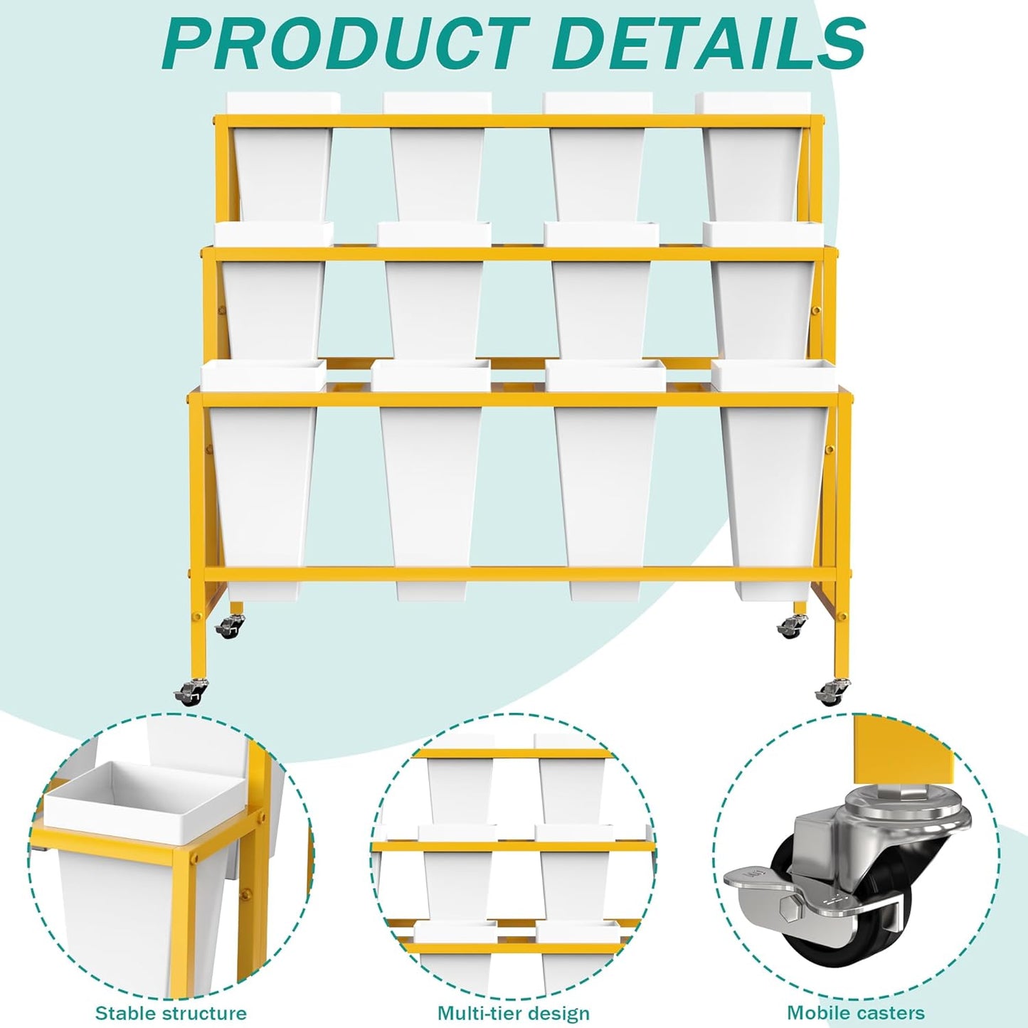 Putros Flower Display Stand with 12 Buckets Gold 3 Layers Metal Floral Cart with Wheels Moving Florist Bouquet Bar Plant Shelf for Indoor Outdoor Patio Garden Party Decor