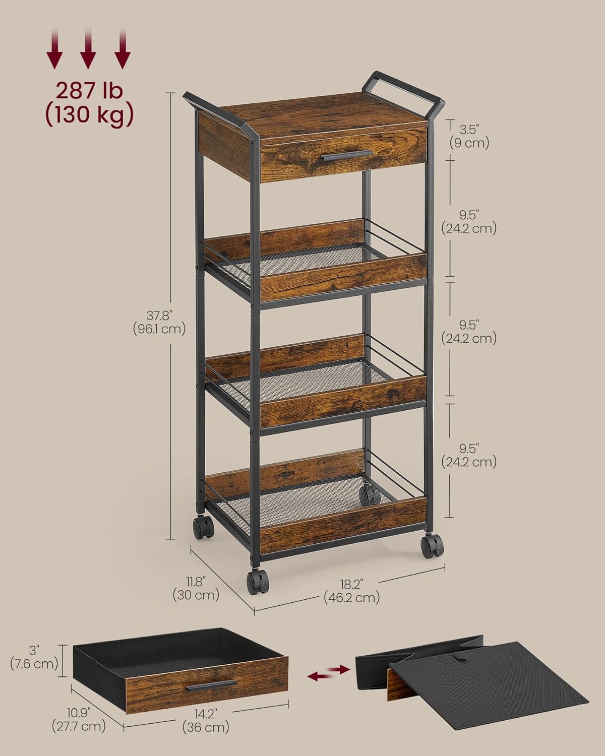 VASAGLE Storage Cart, 4-Tier Rolling Utility Cart with Table Top, Handles, 4 Lockable Casters, Top Drawer, Mesh Shelves, for Kitchen, Bathroom, Bedroom, Rustic Brown and Ink Black ULRC049K01