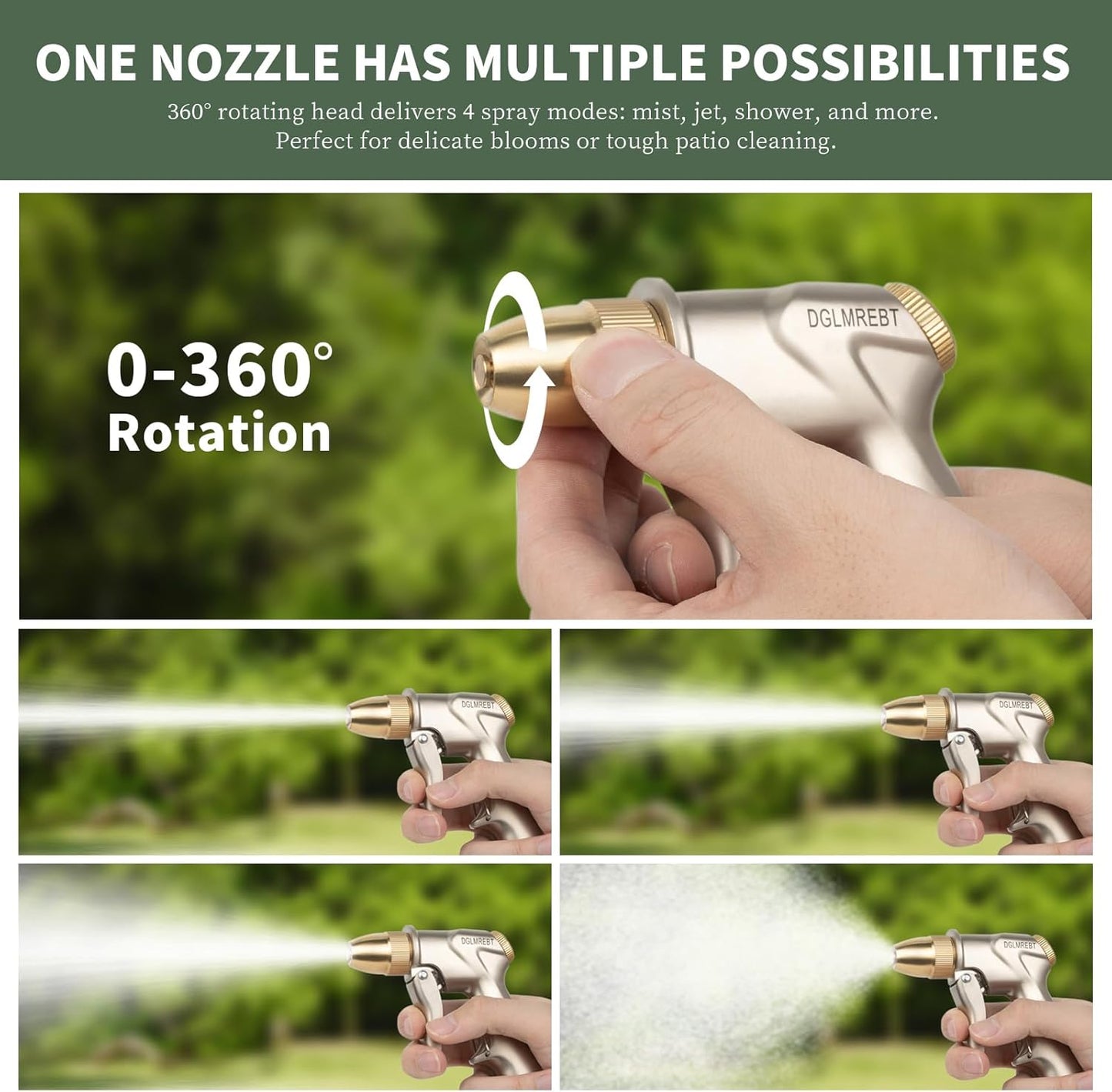 Metal Garden Hose Nozzle Spray - Heavy Duty 4 Spray Patterns 360° Rotating, Ergonomic Handle, Leak-Proof Fit for Watering, Cleaning, Car Wash(Upgrade nozzle)
