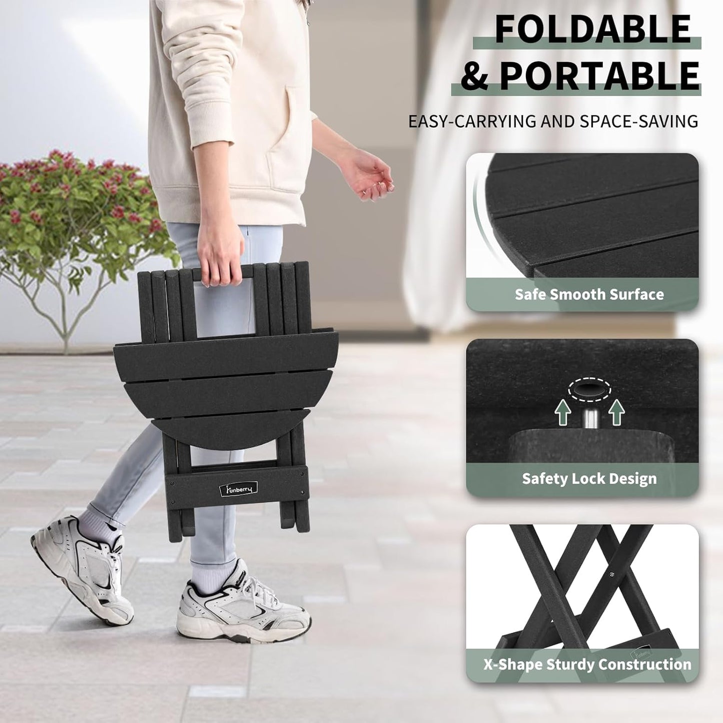 FUNBERRY Outdoor Folding Adirondack Side Table, No Assembly Portable Patio End Tables HDPE All Weather