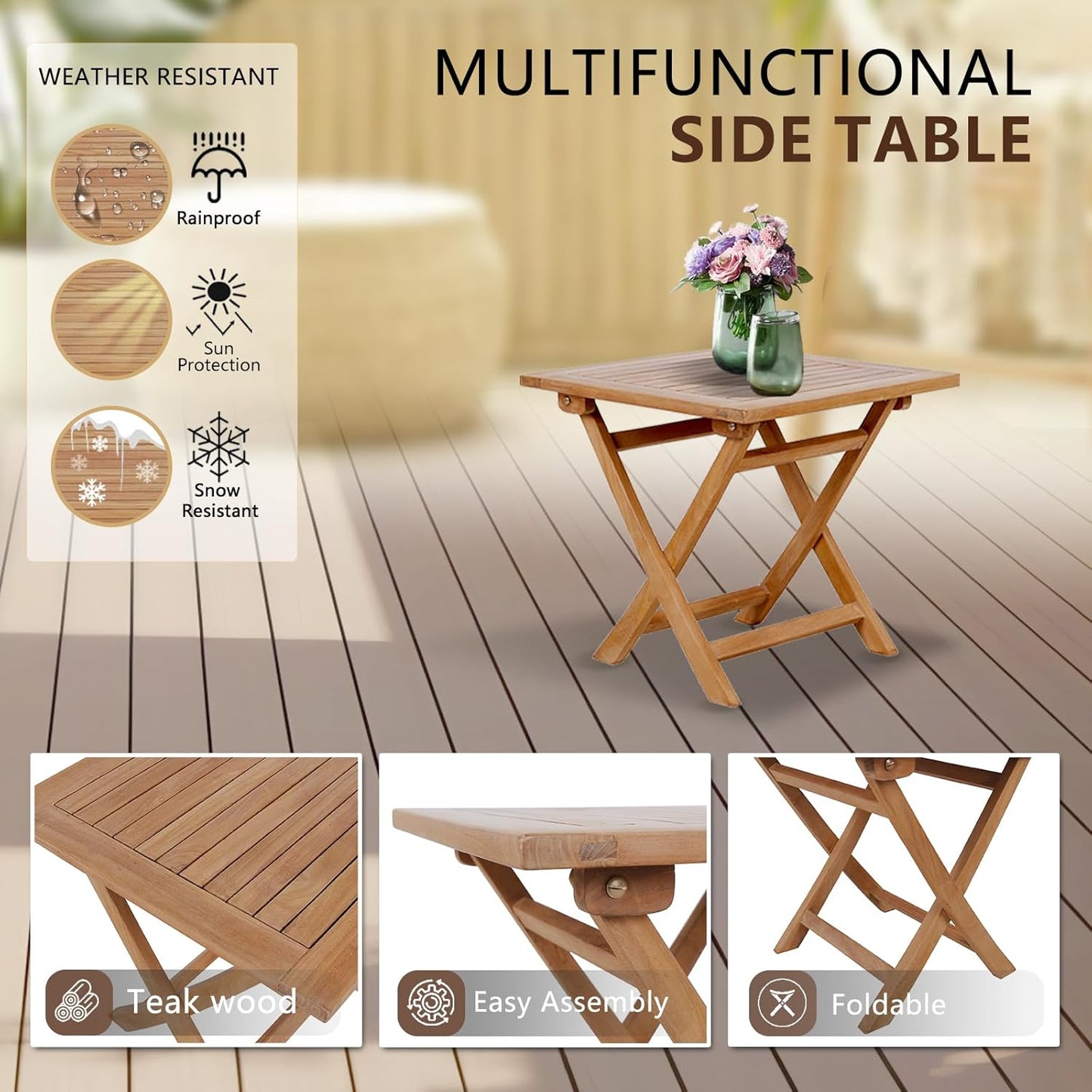 Wooden Side Table, Teak Wood Small Table for Indoor & Outdoor Use, Compact Patio Side Tables or Outdoor End Tables for Garden, Deck, or Balcony