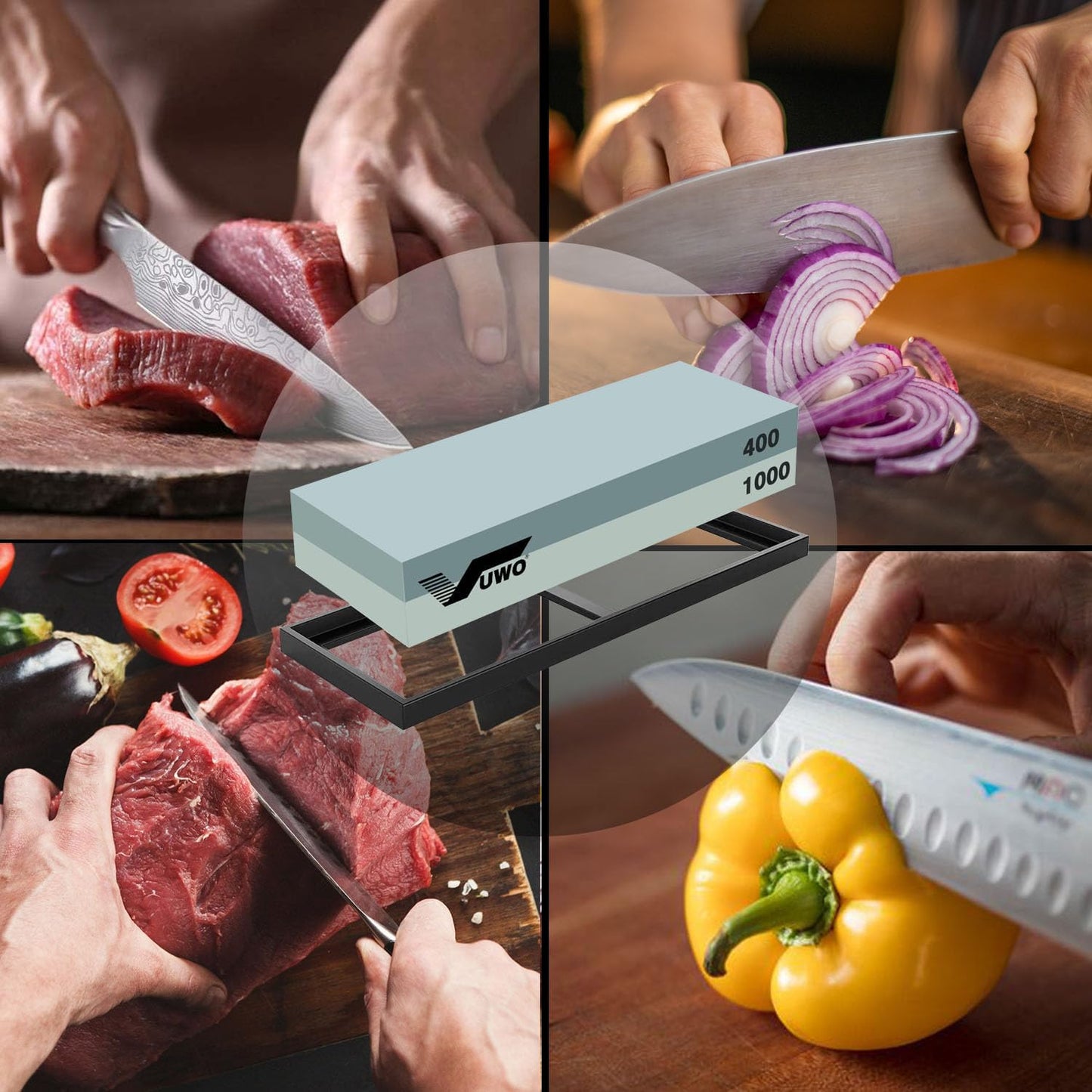 Knife Sharpening Stone Kit- Professional Knife Sharpener Wet Stone Dual Sided 400/1000 Grit with Non-slip Rubber Base Whetstone for Kitchen