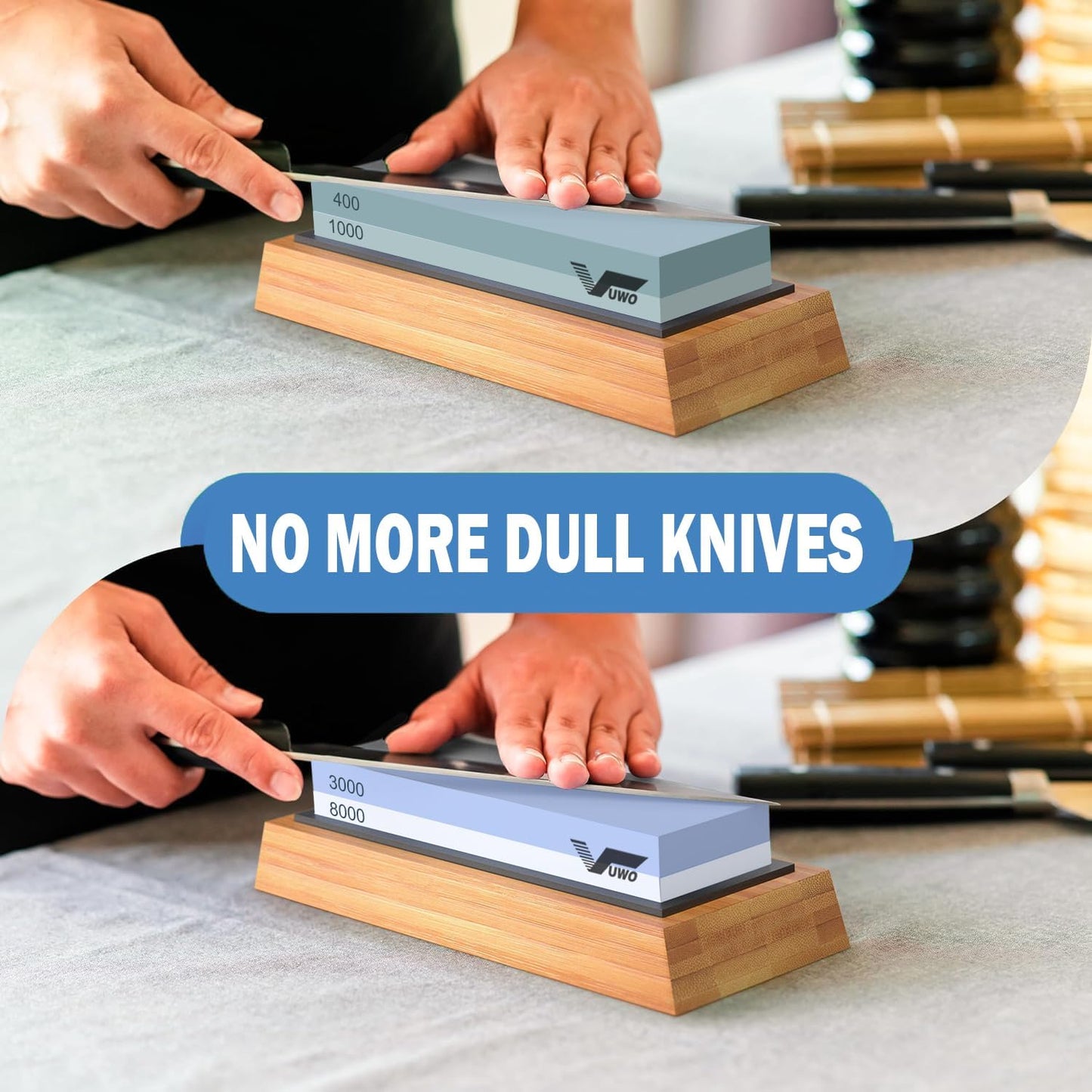 Knife Sharpening Stone Kit - Whetstone Dual Grit 400/1000 3000/8000 Premium Sharpener Set with Leather Strop, Flattening Stone, Honing Guide, Bamboo Base, Angle Guide, Cut Resistant Gloves