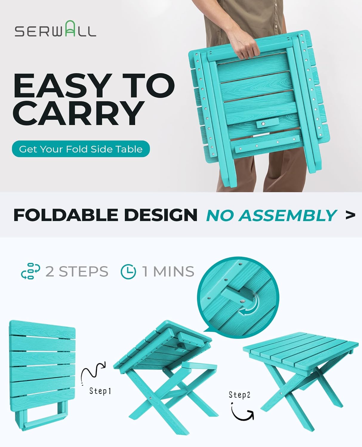 SERWALL Folding Outdoor Side Table Set of 2, Portable Adirondack Side Table, Aruba