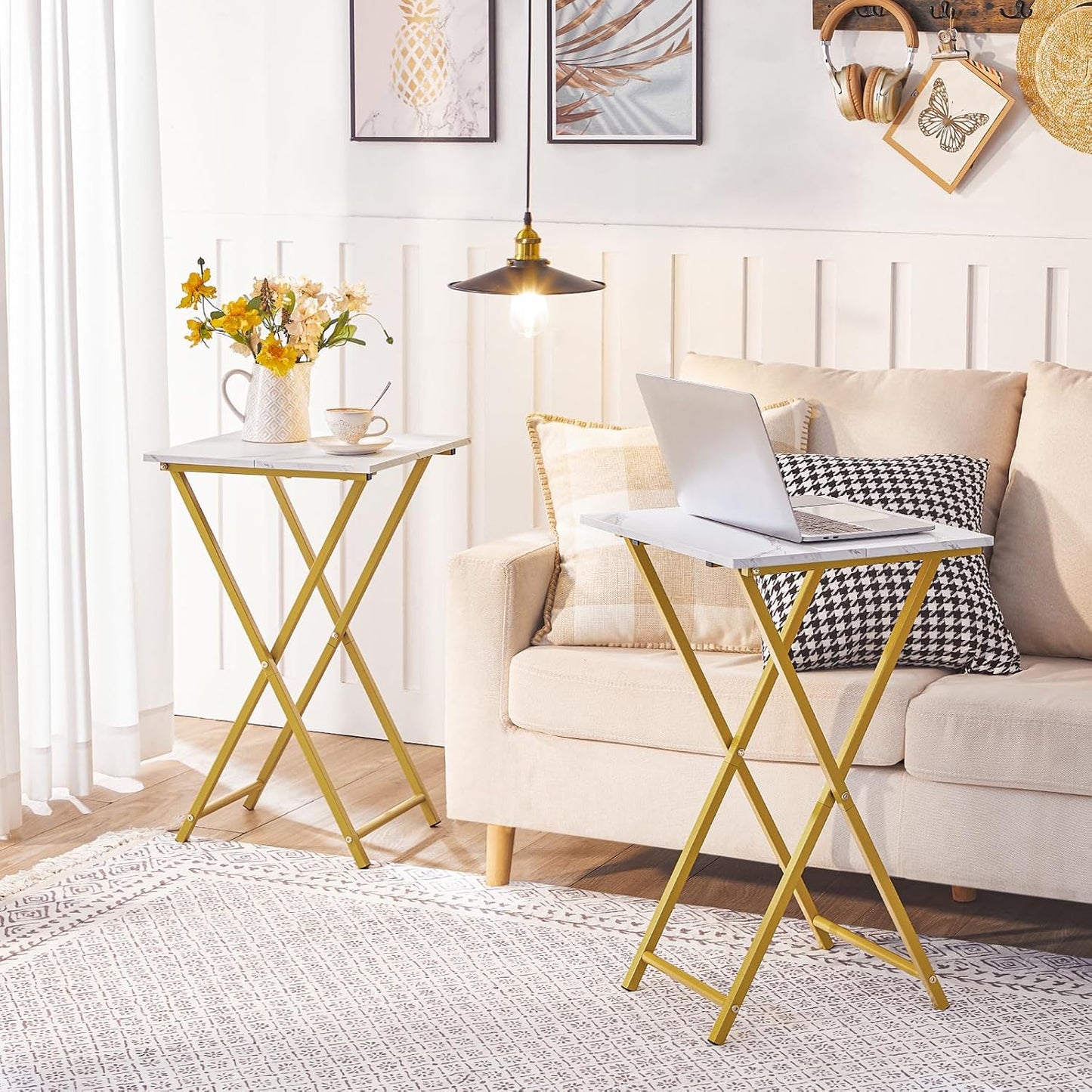 HOOBRO Folding TV Tray Tables, Set of 2 Wooden TV Tray, Portable Sofa Side Table, Industrial Snack Table End Table for Small Spaces, Space-Saving, Easy to Install and Fold, Marble and Gold DM27BZP201