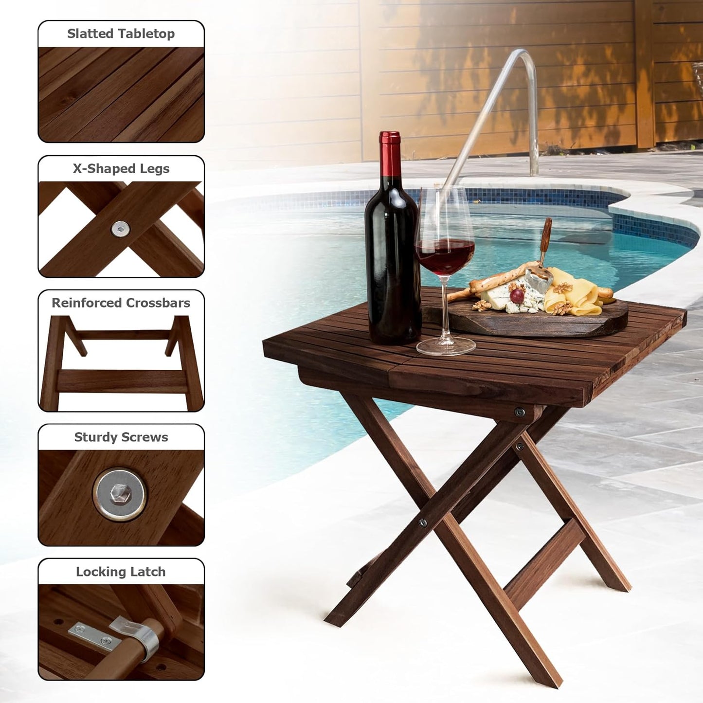 Melino Wooden Folding Outdoor Side Table, FSC Certified Acacia Weatherproof Side Tables, Wood Folding Small Table for Outdoor, Patio, Porch, Pool, Backyard, Garden, Balcony and Deck - Chestnut