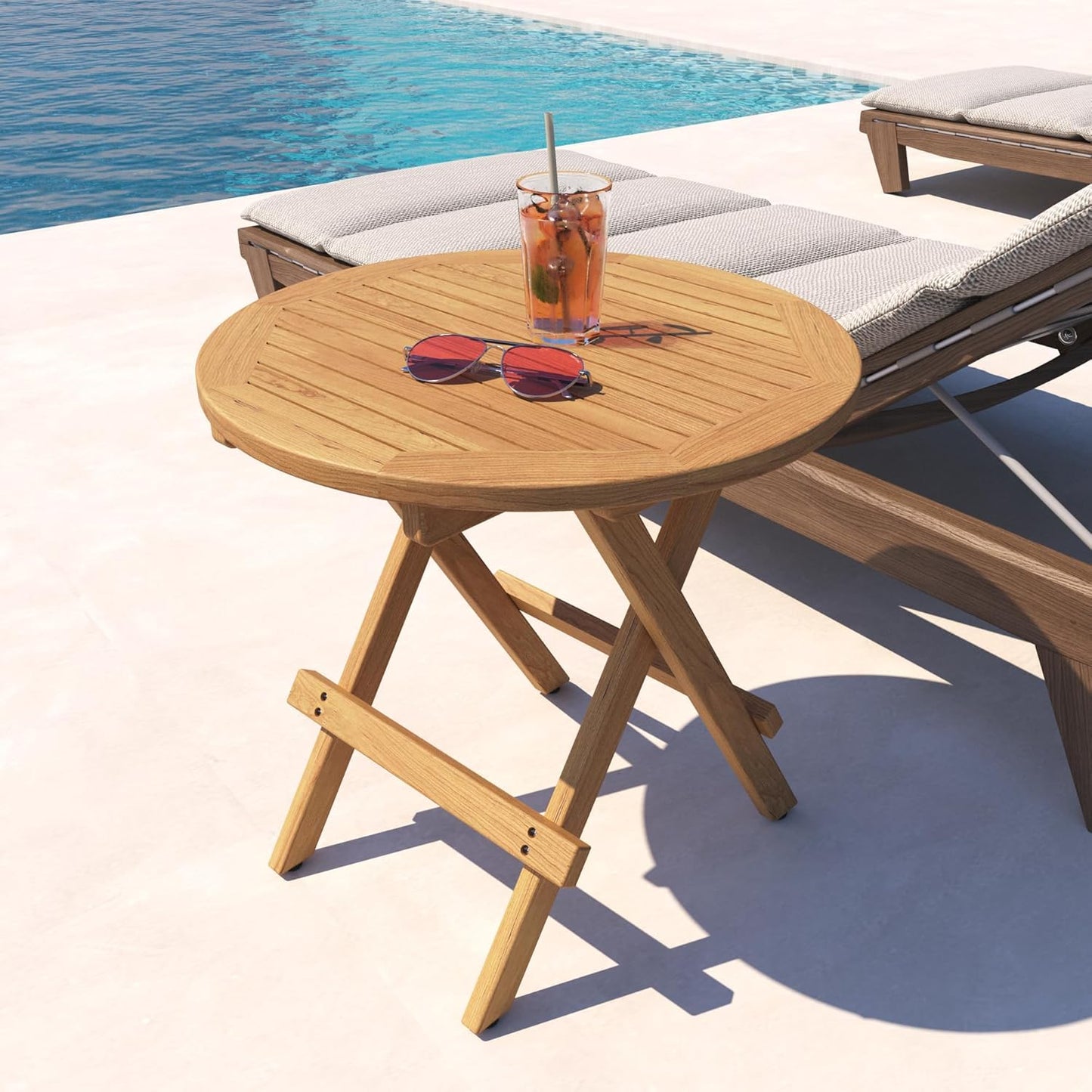 Teak Wood Outdoor Folding Side Table - Portable Round Patio Side Table with Metal Buckles & X-Frame,Patio End Table for Garden, Deck, Bistro, Beach,Porch