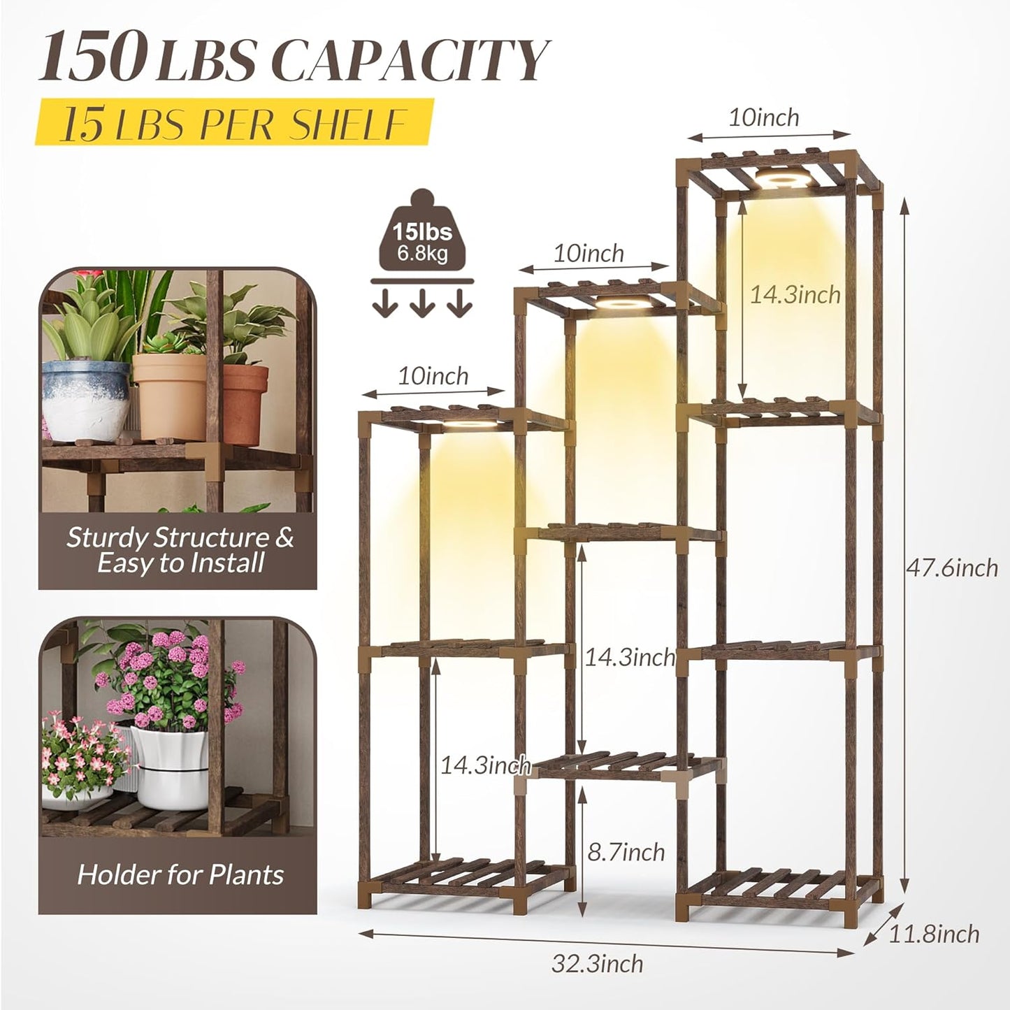 Wooden Plant Stand Indoor with Grow Light, 4-Tier Ladder Plant Shelf for Balcony, Living Room, or Corner | Carbonized Wood Plant Holder for Indoor Use, Space-Saving Design