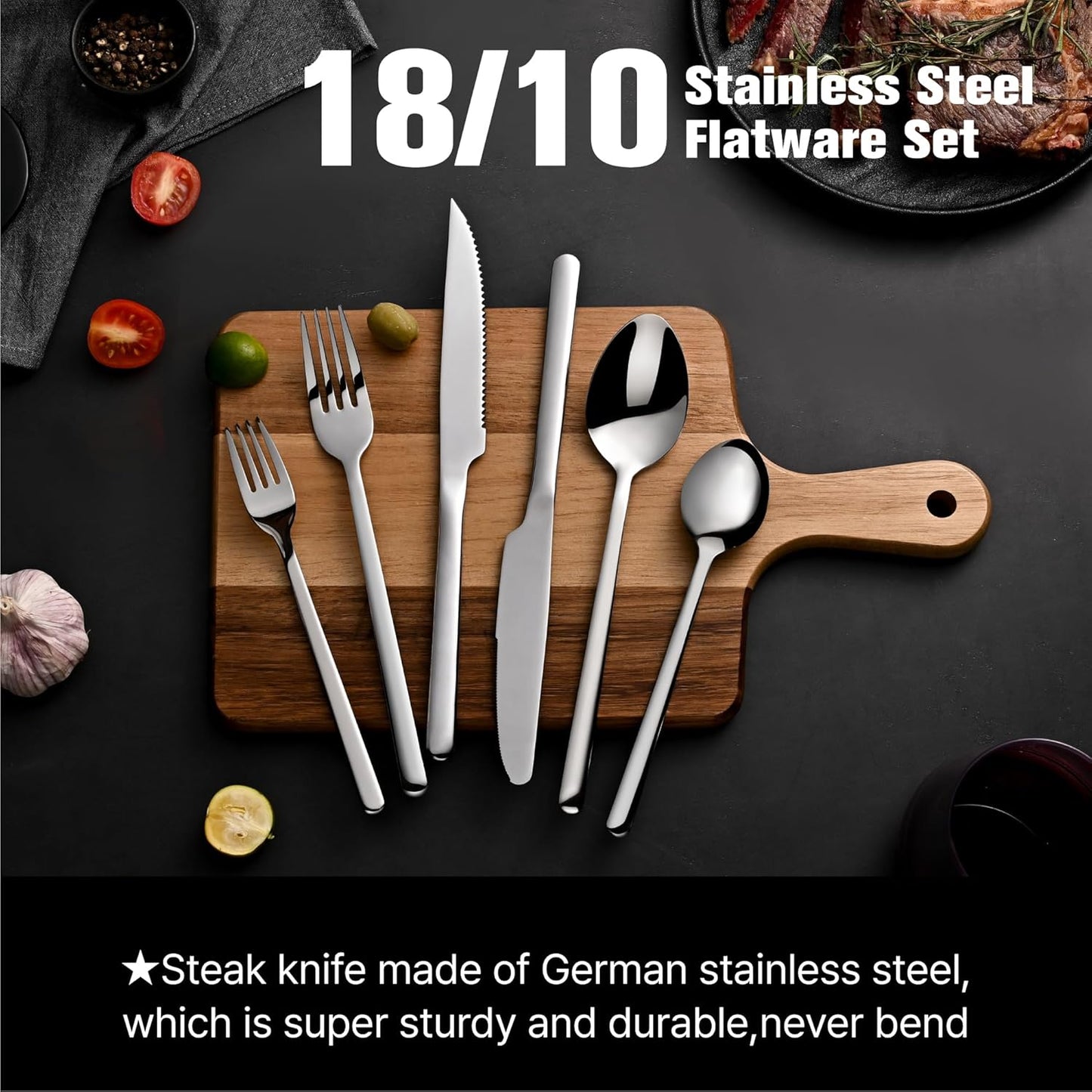 KINGSTONE 48-Piece Silverware Set with Steak Knives, Flatware Set for 8, Stainless Steel Tableware Cutlery Set for Home Restaurant, Mirror Finish,Modern Design