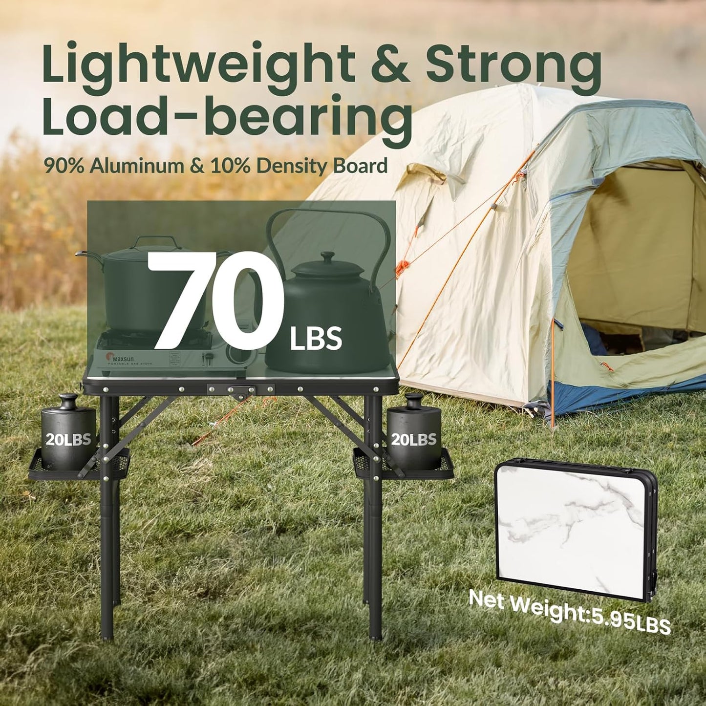 Titanker Folding Camping Table Small 2ft, Small Camp Table Portable with 50% Extra Space, Folding Picnic Table, Portable Beach Tables, Car Camping Essentials, Aluminum Light Solid