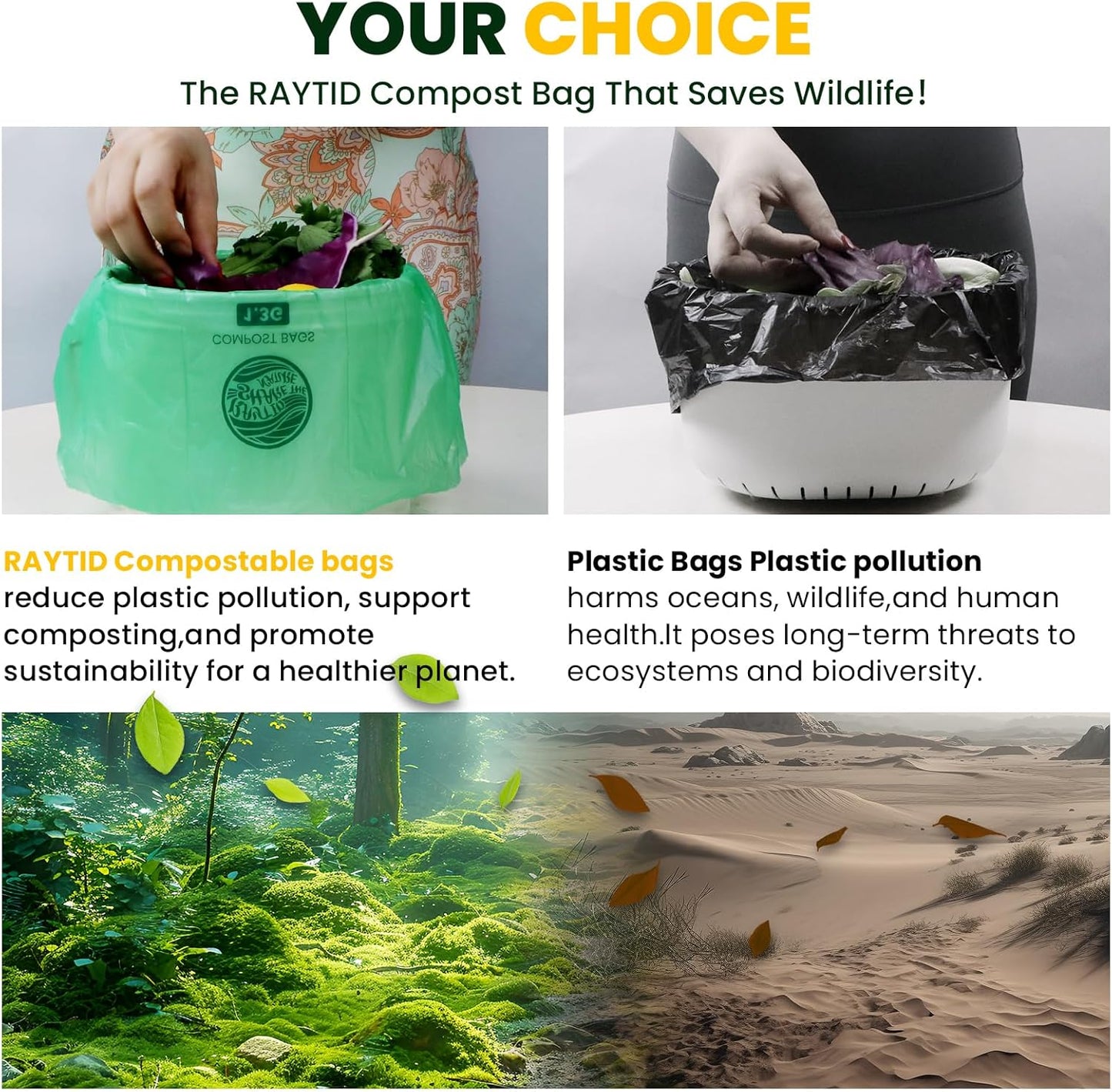 Compost Bags 1.3 Gallon,100 Count,Compostable Small Trash Bags for Kitchen Countertop Compost Bin 0.75, 1,1.2, 1.3Gallon,ASTM D6400, US BPI and Europe OK compost HOME certified