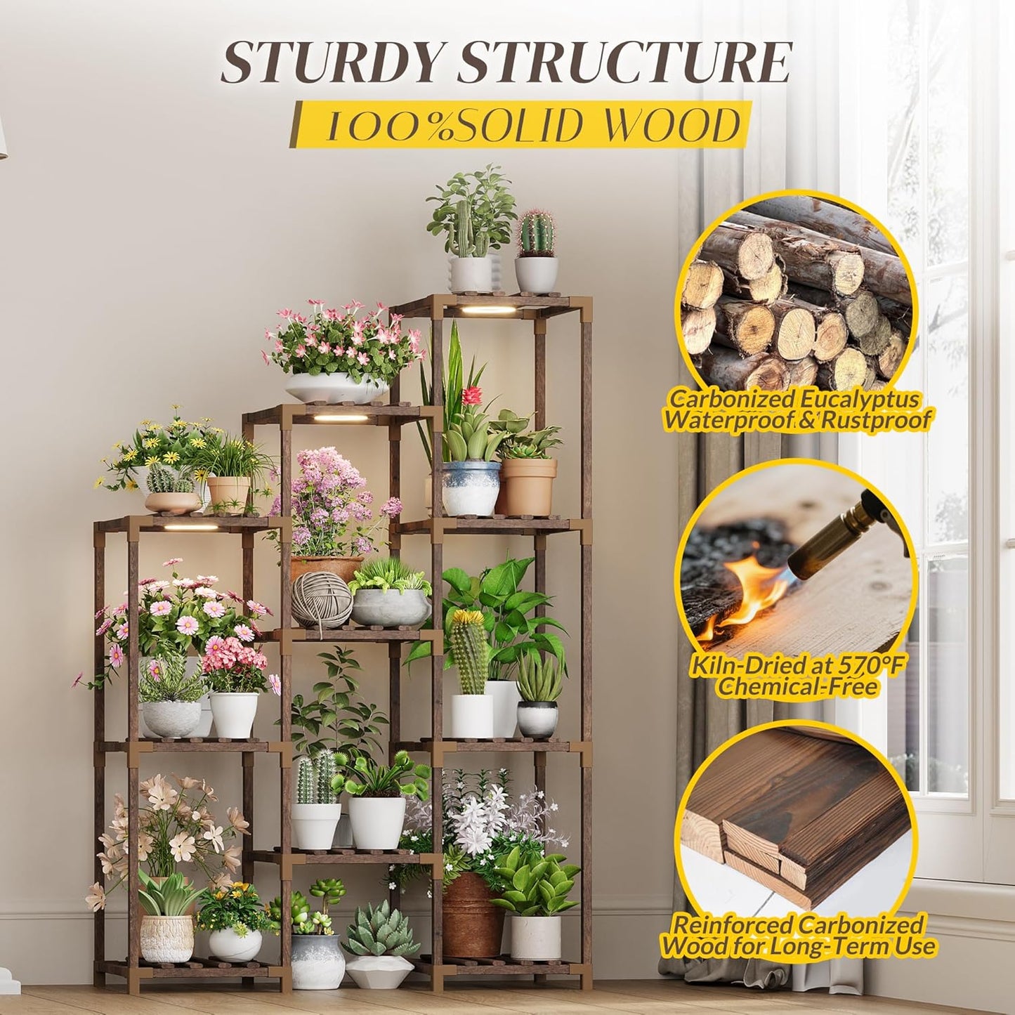 Wooden Plant Stand Indoor with Grow Light, 4-Tier Ladder Plant Shelf for Balcony, Living Room, or Corner | Carbonized Wood Plant Holder for Indoor Use, Space-Saving Design