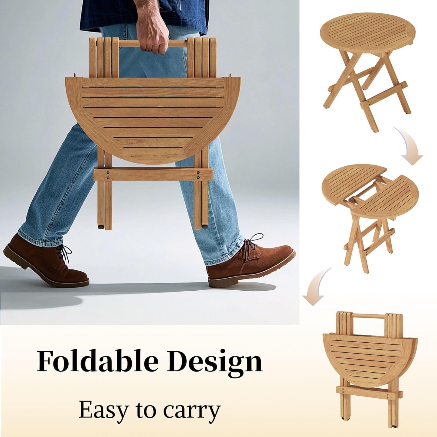 Teak Wood Outdoor Folding Side Table - Portable Round Patio Side Table with Metal Buckles & X-Frame,Patio End Table for Garden, Deck, Bistro, Beach,Porch