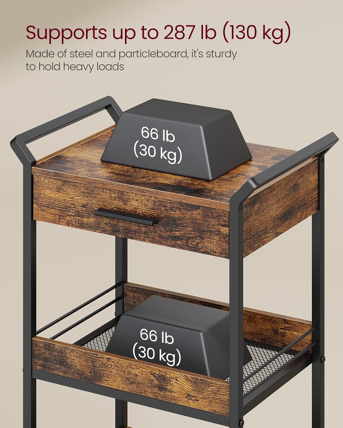 VASAGLE Storage Cart, 4-Tier Rolling Utility Cart with Table Top, Handles, 4 Lockable Casters, Top Drawer, Mesh Shelves, for Kitchen, Bathroom, Bedroom, Rustic Brown and Ink Black ULRC049K01