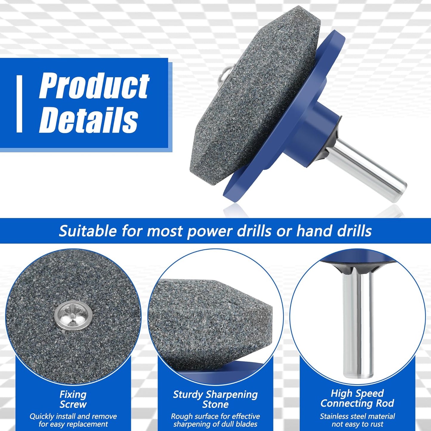 4+1PCS Lawn Mower Blade Sharpener, Universal Lawnmower Blade Sharpener Mower Sharpening Stone with 1PCS Balance Tool for Hand Drill/Power Drill (2 Single Layer + 2 Double Layer)