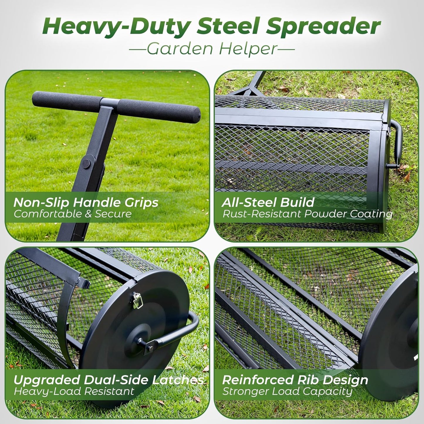 Walensee 44 Inch Compost Spreader Peat Moss Spreader with Side-Latch Design, Upgraded Large-Capacity Metal Mesh Roller for Lawn and Garden Care, Durable Manure Spreader for Seeding and Fertilizing